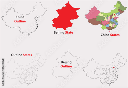 Beijing map vector of China, Beijing line map, Beijing with city map, Beijing outline map
