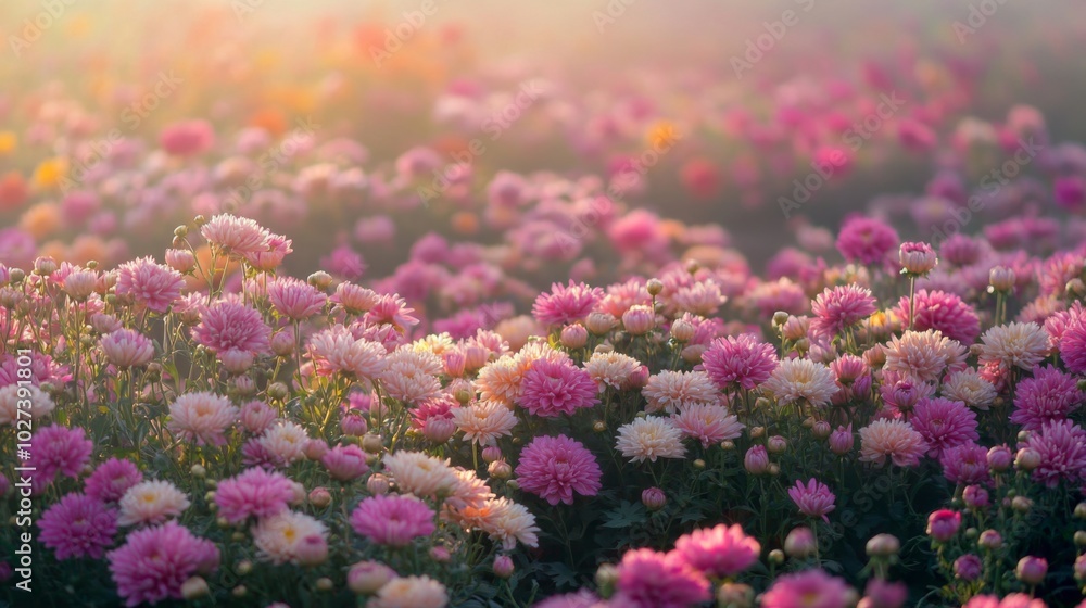A Field of Pink and Peach Chrysanthemums in Soft Sunlight A Field of Pink and Peach Chrysanthemums in Soft Sunlight