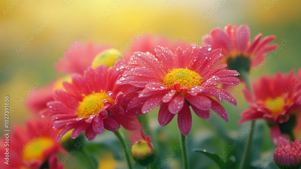 Pink Flowers with Water Droplets in a Soft-Focus Garden Setting