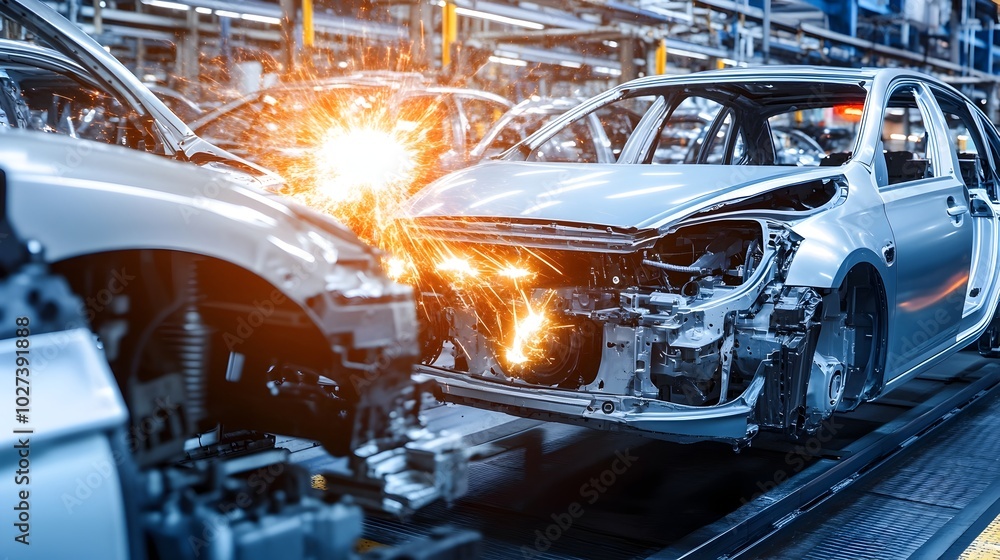Futuristic Industrial Robotics Automating Modern Production on Assembly Line Futuristic Industrial Robotics Automating Modern Production on Assembly Line