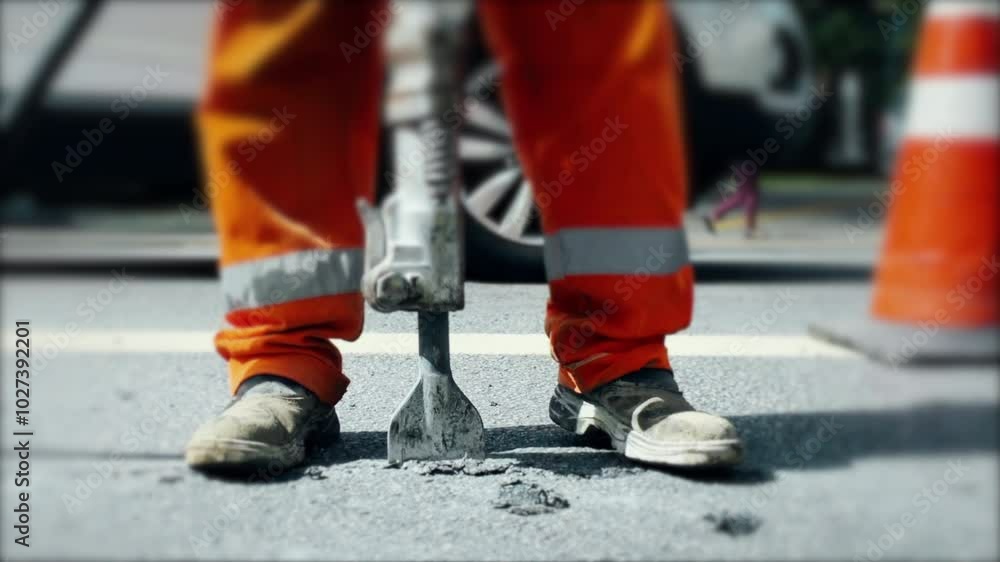 Worker operating a jackhammer on the street, breaking up asphalt during roadwork, showcasing a labor-intensive job in an urban environment Worker operating a jackhammer on the street, breaking up asphalt during roadwork, showcasing a labor-intensive job in an urban environment
