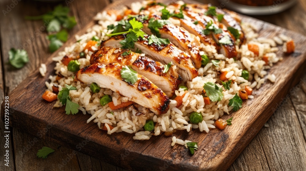 Rustic Wooden Board with Grilled Chicken and Rice Rustic Wooden Board with Grilled Chicken and Rice