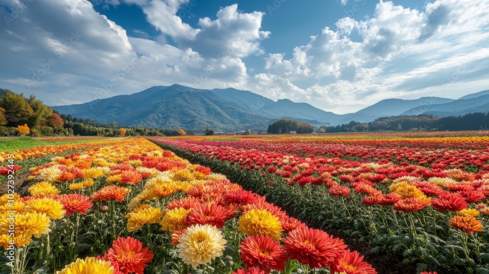Colorful Chrysanthemum Field with Mountain Background Colorful Chrysanthemum Field with Mountain Background