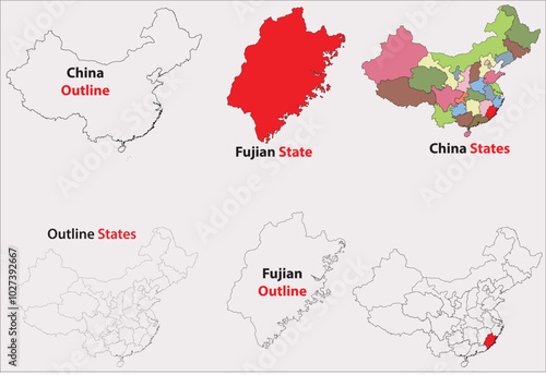 Fujian map vector of China, Fujian line map, Fujian with city map, Fujian outline map
