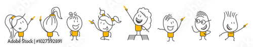Cartoon style characters standing on the wall, writing.