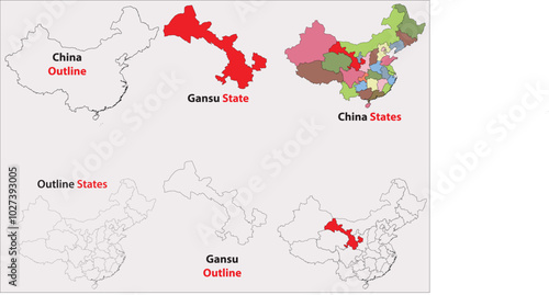 Gansu map vector of China, Gansu line map, Gansu with city map, Gansu outline map