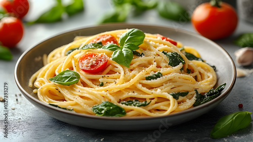 Elegantly Crafted Tomato Basil Ricotta Pasta with Spinach and Freshly Torn Basil Leaves