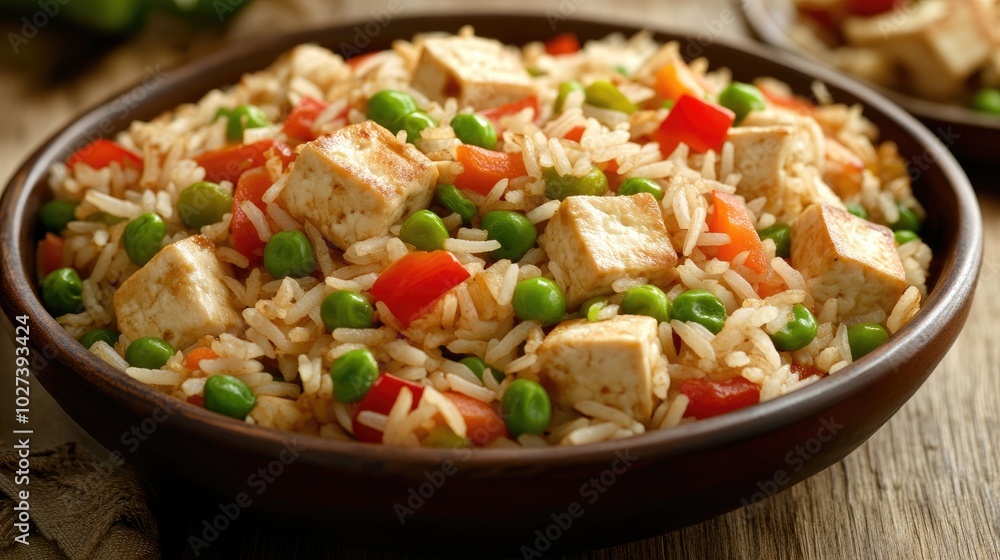 Vegetarian Fried Rice with Tofu Cubes in Bowl Vegetarian Fried Rice with Tofu Cubes in Bowl