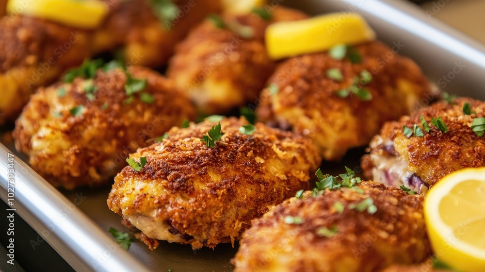 Crispy Chicken Pieces on Silver Serving Tray Crispy Chicken Pieces on Silver Serving Tray