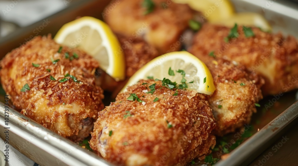 Crispy Chicken Pieces on a Serving Tray with Lemon Crispy Chicken Pieces on a Serving Tray with Lemon