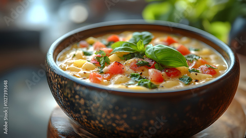 Stylish Serving of Mouthwatering Tomato Basil Ricotta Pasta with Adorned Spinach and Fresh Basil