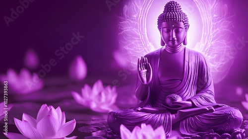 Meditating Buddha radiating spiritual energy and glowing aura surrounded by levitating lotus flowers