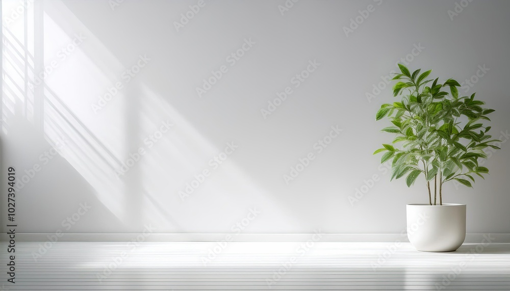 White color room in a with minimal style white potted plant with sunlight coming in through a window on a blank wall White color room in a with minimal style white potted plant with sunlight coming in through a window on a blank wall
