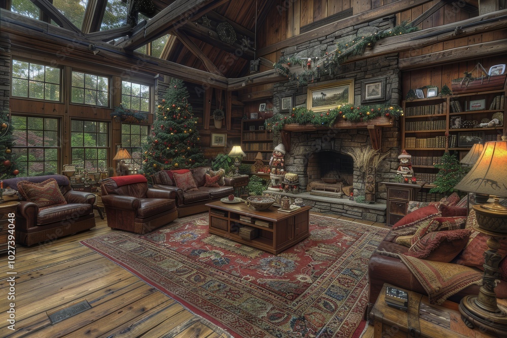 Cozy Christmas living room with a stone fireplace and festive decorations located in a rustic cabin surrounded by nature Cozy Christmas living room with a stone fireplace and festive decorations located in a rustic cabin surrounded by nature