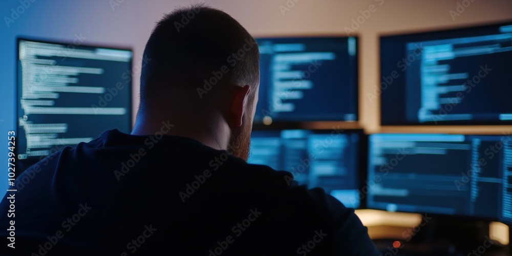 A man is seated in a dimly lit room facing several computer screens filled with code, suggesting cybersecurity or programming activities taking place. A man is seated in a dimly lit room facing several computer screens filled with code, suggesting cybersecurity or programming activities taking place.