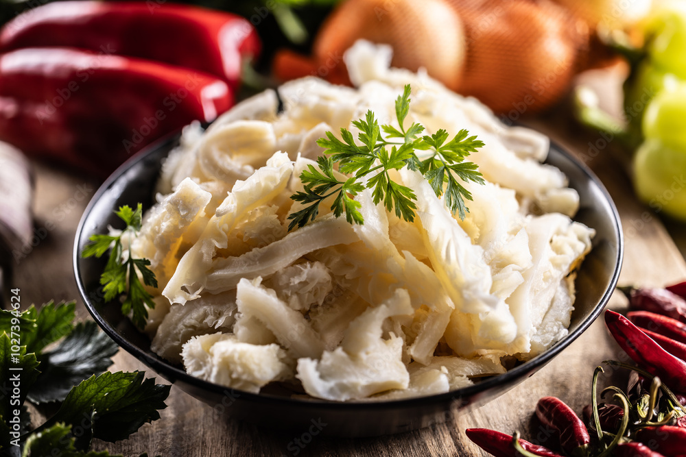 Precooked beef tripes in a bowl with vegetables and herbs ready for cooking