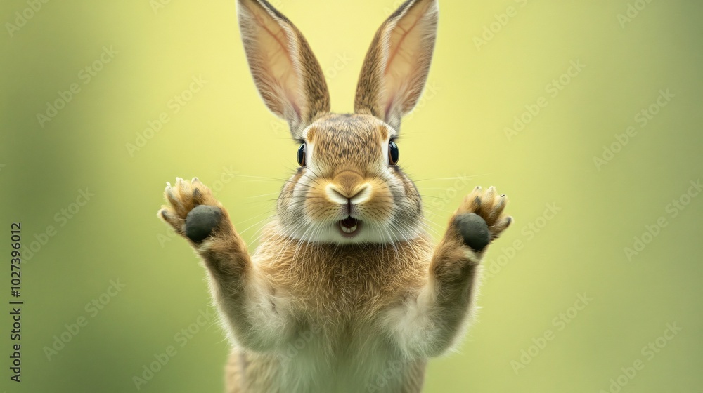 Fototapeta premium A fluffy brown bunny rabbit with big ears and bright eyes sits on a green background and raises both paws as if to wave hello.