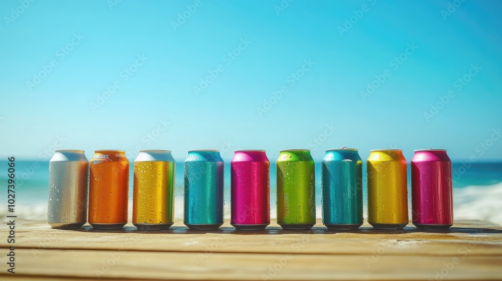 Colorful Soda Cans Displayed on a Beachside Colorful Soda Cans Displayed on a Beachside