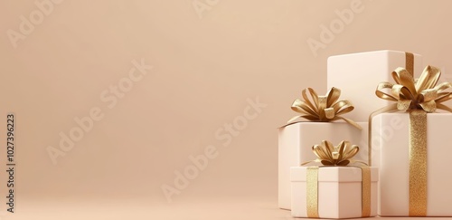 Three beautifully wrapped gift boxes with gold ribbon bows are arranged against a warm beige background, perfect for festive celebrations photo