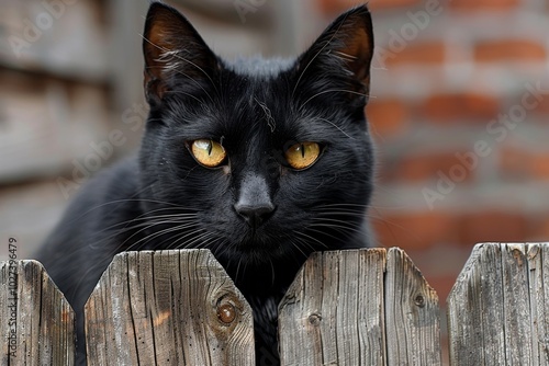 A curious black cat peeks over a wooden fence in a cozy backyard during a sunny afternoon in autumn photo