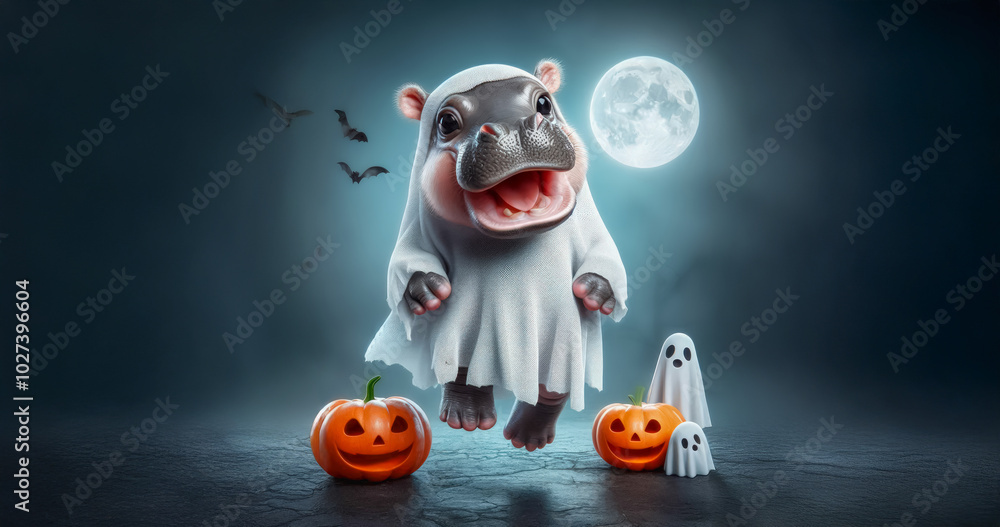 Obraz premium Cute Hippopotamus in Halloween ghost costume. Halloween Concept.