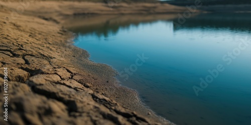 A drought-stricken landscape with dry, cracked earth bordering a body of water, symbolizing environmental stress and the fragility of natural ecosystems under climate change.