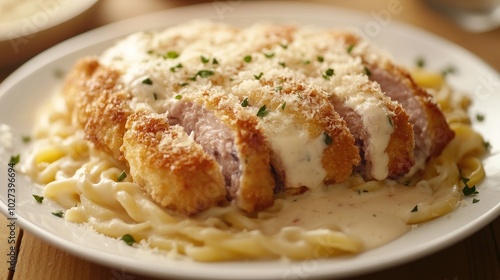 Crispy Chicken Cordon Bleu on Creamy Pasta