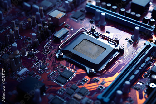 photo of a motherboard, close up photo of a pc motherboard, tech components