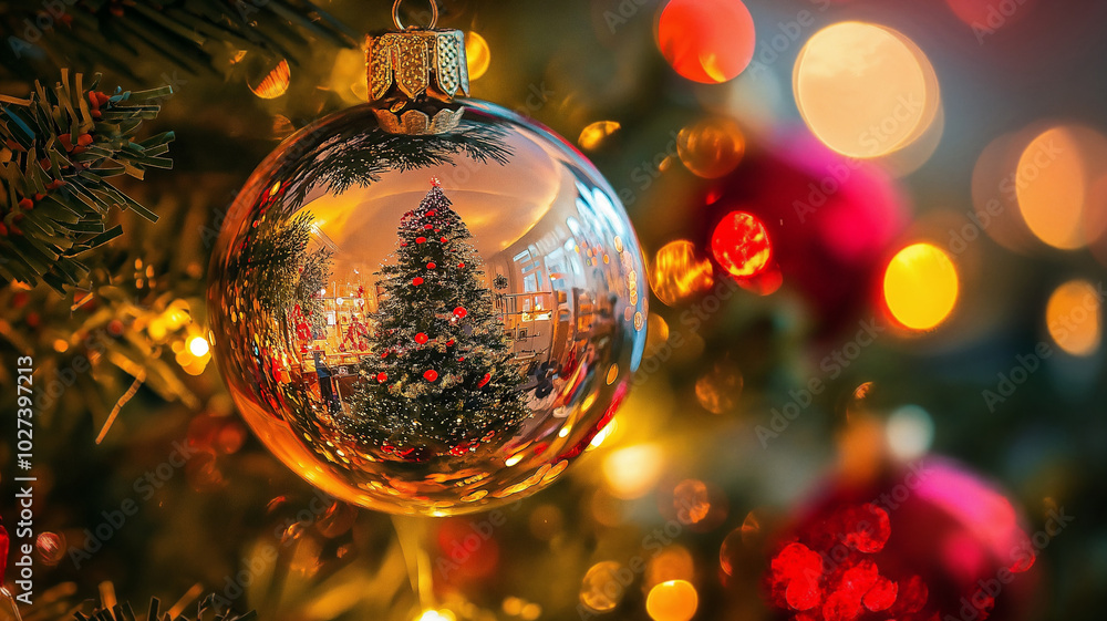 Obraz premium Decorated Christmas tree in a room reflecting in a glass bauble hanging on a branch