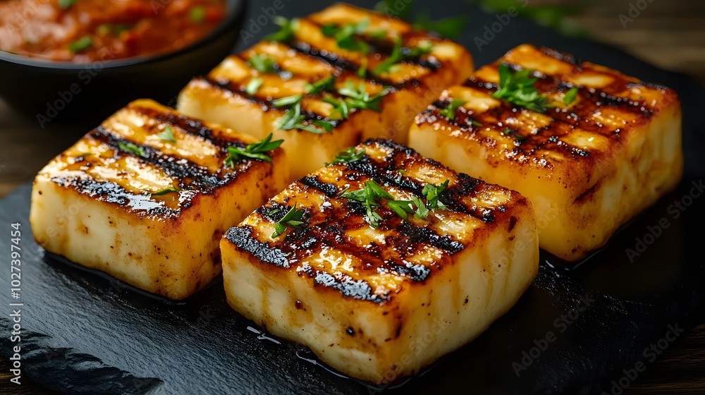 Grilled Queijo Coalho Cheese with Sweet and Spicy Sauce Artfully Presented on a Simple Black Stone Plate Grilled Queijo Coalho Cheese with Sweet and Spicy Sauce Artfully Presented on a Simple Black Stone Plate