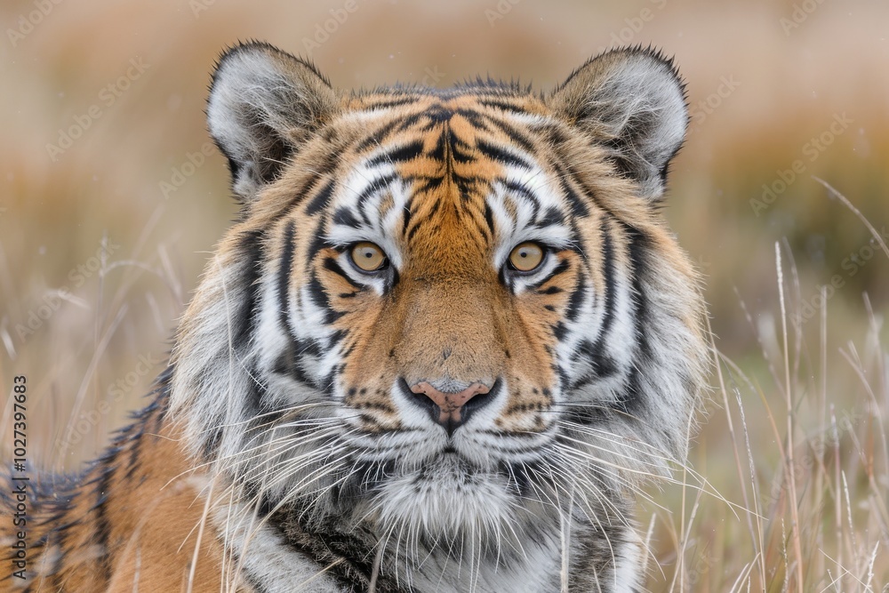 Fototapeta premium Majestic tiger gazes intensely while standing in tall grass during golden hour in a serene natural habitat