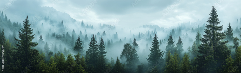 A panoramic view of an evergreen forest shrouded in mist, with the trees towering above and forming intricate patterns against the backdrop of grey clouds. A panoramic view of an evergreen forest shrouded in mist, with the trees towering above and forming intricate patterns against the backdrop of grey clouds.