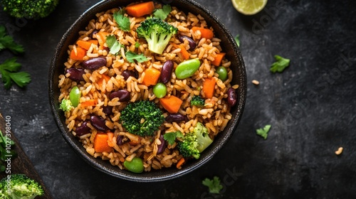 Colorful Bowl of Fried Rice with Fresh Vegetables