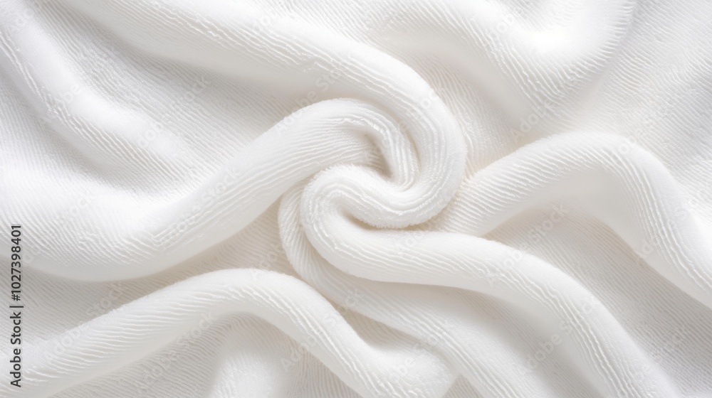 Soft white textured fabric with elegant swirls and folds Soft white textured fabric with elegant swirls and folds
