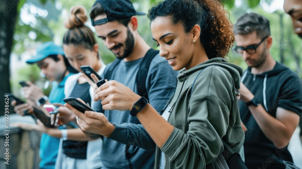 Obraz premium Group of friends engaging with social media different types of health technology on smartphones outdoor