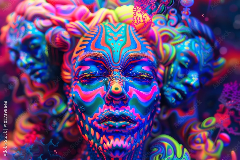 Vibrant surreal artwork showcasing multiple faces with intricate patterns and vivid colors in a dreamlike setting Vibrant surreal artwork showcasing multiple faces with intricate patterns and vivid colors in a dreamlike setting