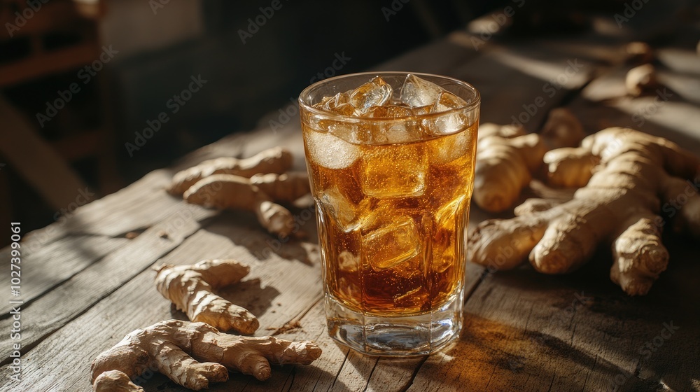 Refreshing Glass of Ginger Ale with Ice Cubes Refreshing Glass of Ginger Ale with Ice Cubes