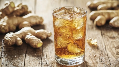 Chilled Ginger Ale in Glass with Ice Cubes