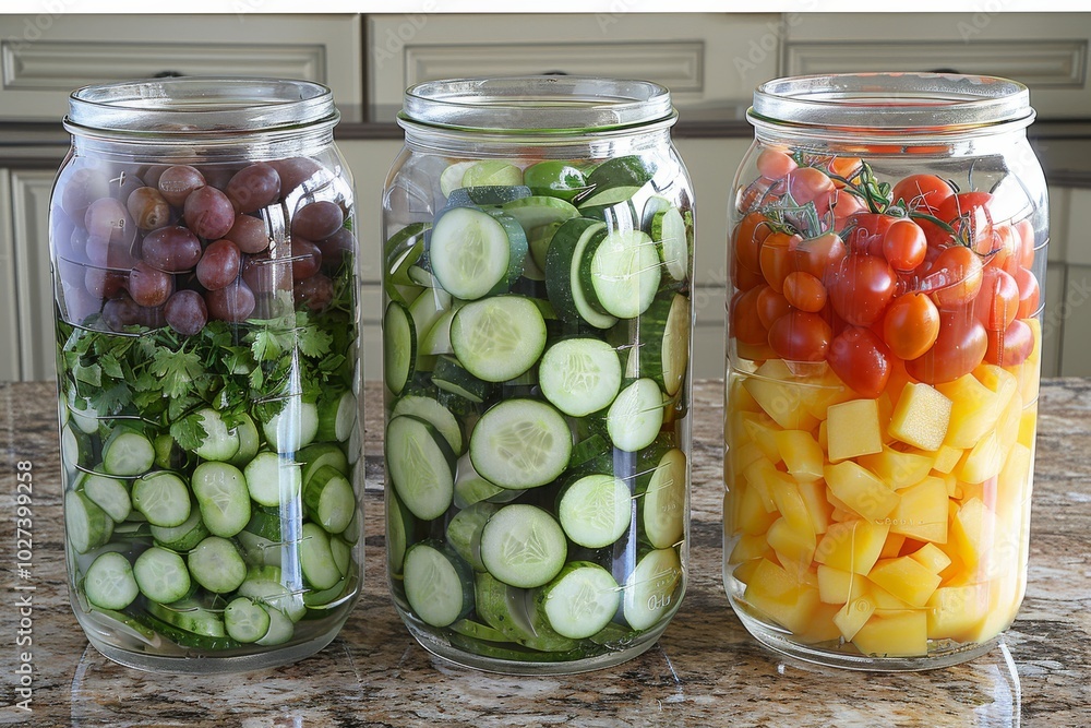 Colorful jars of fresh vegetables and fruits on kitchen countertop ready for salad preparation in bright, natural light Colorful jars of fresh vegetables and fruits on kitchen countertop ready for salad preparation in bright, natural light