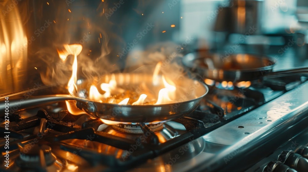 Vibrant scene of a shiny metal frying pan on a gas stove with flames capturing cooking action Vibrant scene of a shiny metal frying pan on a gas stove with flames capturing cooking action
