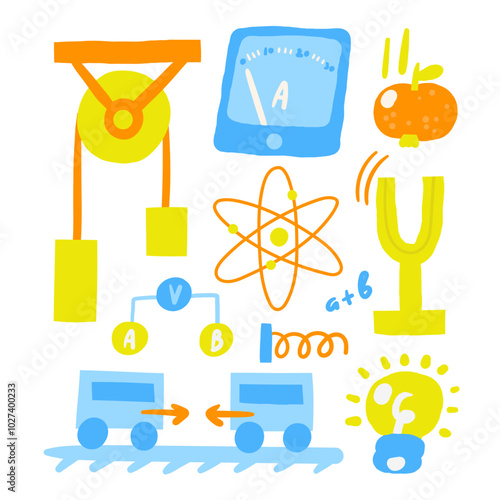 Cute science theme composition, postcard with funny hand drawn doodle atom, bulb, gravitation apple, electric tool, mechanics. School, science, education objects set
