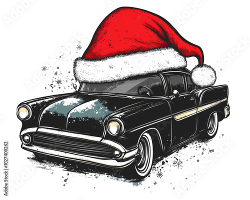 Classic black vintage car with large red Christmas Santa hat illustration. Concept of festive holiday celebration and retro automobile art.