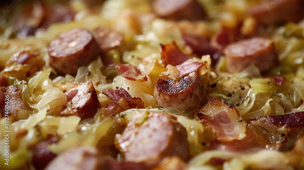 Close-Up of Sauerkraut in Choucroute Garnie Dish Close-Up of Sauerkraut in Choucroute Garnie Dish