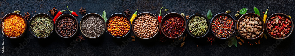 Fototapeta premium A colorful array of spices and herbs arranged in small bowls, including cumin powder, turmeric roots, cardamom seeds, star anise seeds, black peppercorns, green leaves,