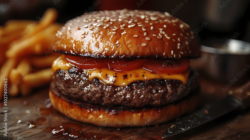 Delicious gourmet hamburger with meat, bacon, cheddar, tomato, lettuce, special sauce, onion and pickles ready to eat Delicious gourmet hamburger with meat, bacon, cheddar, tomato, lettuce, special sauce, onion and pickles ready to eat