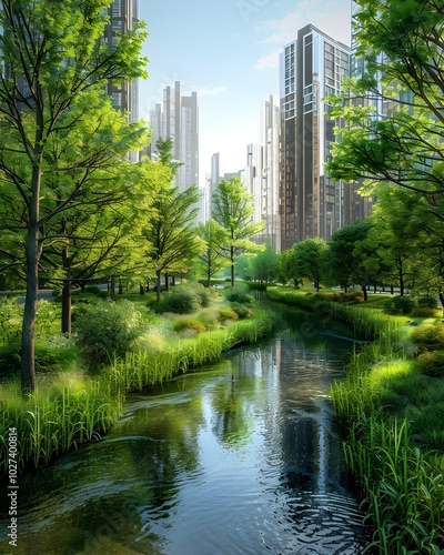 Restored Urban River Corridor Blending Natural and Built Environments