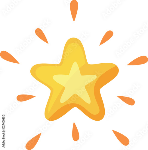 This vibrant yellow star features a central light yellow shape surrounded by orange rays that add a playful touch set against a clean white backdrop.