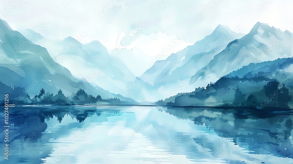 Watercolor painting of a mountain range reflected in a calm lake. Watercolor painting of a mountain range reflected in a calm lake.