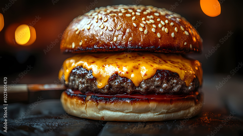 Delicious gourmet hamburger with meat, bacon, cheddar, tomato, lettuce, special sauce, onion and pickles ready to eat Delicious gourmet hamburger with meat, bacon, cheddar, tomato, lettuce, special sauce, onion and pickles ready to eat