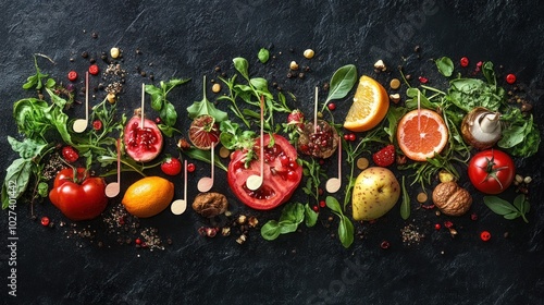 Fresh fruits, vegetables, nuts, and spices arranged in a musical note pattern on a black background. photo